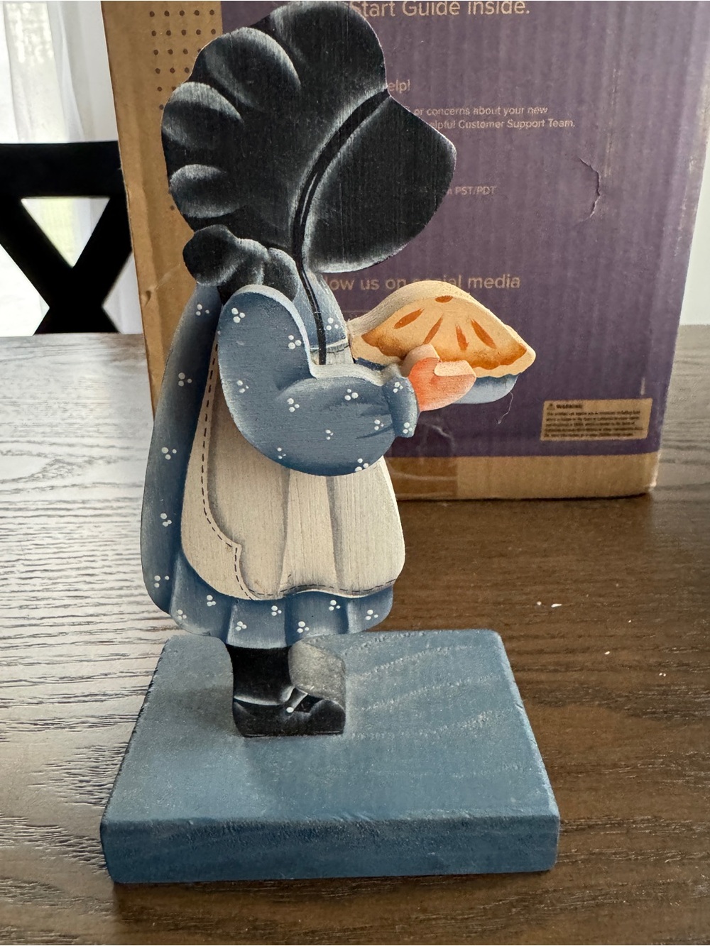 Wooden Faceless Amish Girl Figurine With Pie